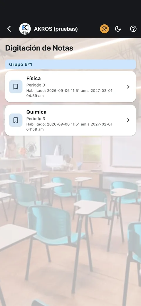 App AKROS: el docente digita las notas de sus grupos desde el celular