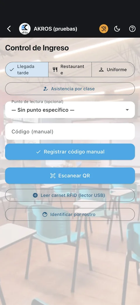 App AKROS: control de ingreso con código, QR, carnet RFID o rostro
