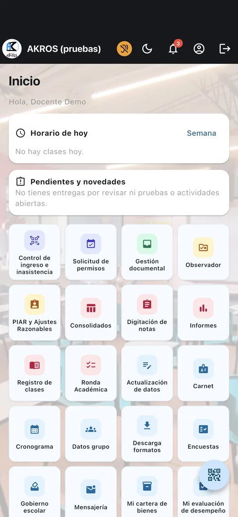 App AKROS: inicio con el horario del día, pendientes y todos los procesos