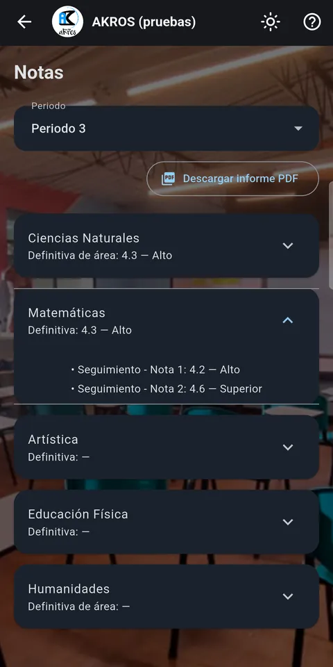 App AKROS: la familia consulta las notas por área y descarga el informe