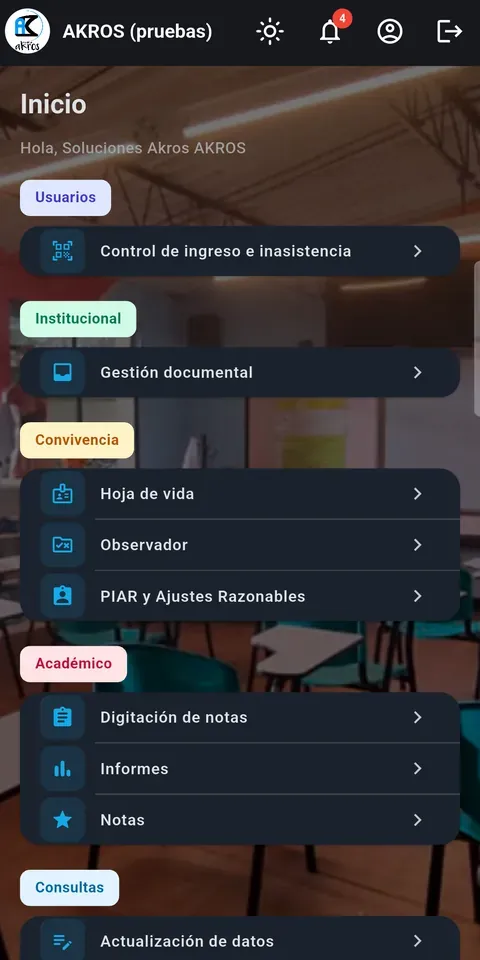 Pantalla de AKROS: App para familias, estudiantes y docentes
