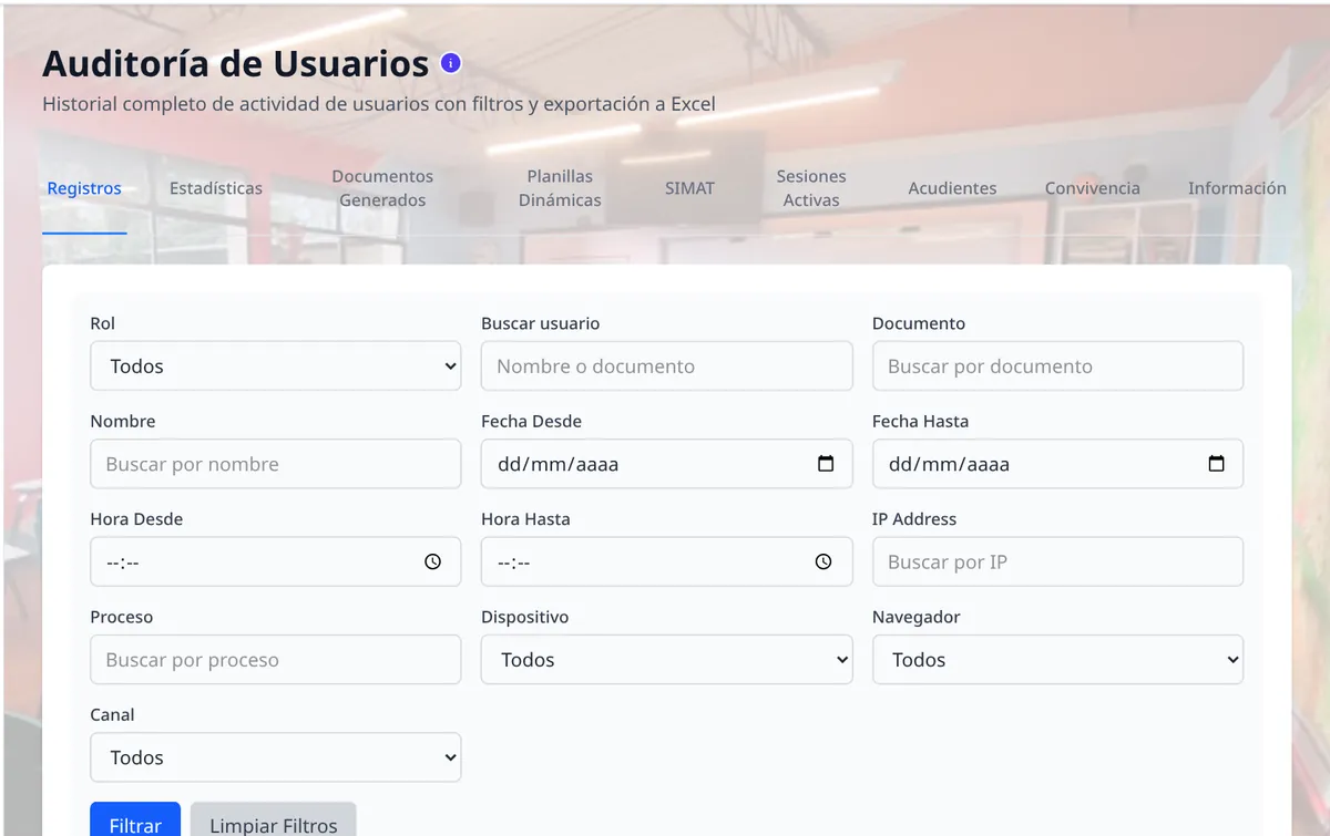 Pantalla de AKROS: Auditorías para SIMAT y SIMPADE