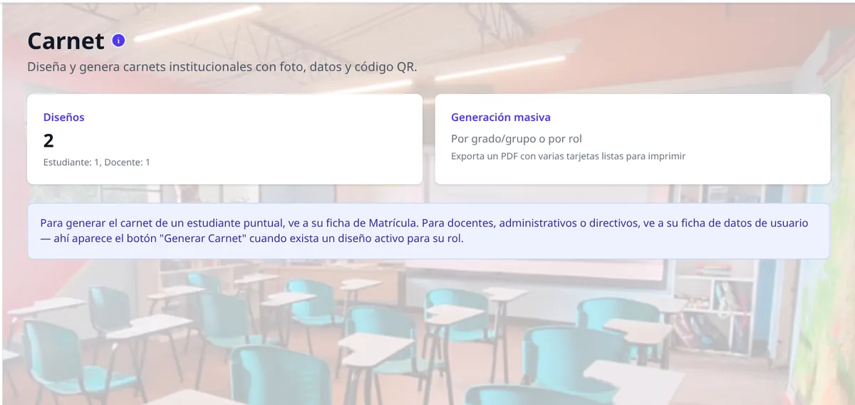 Pantalla de AKROS: Diseño e impresión de carnet