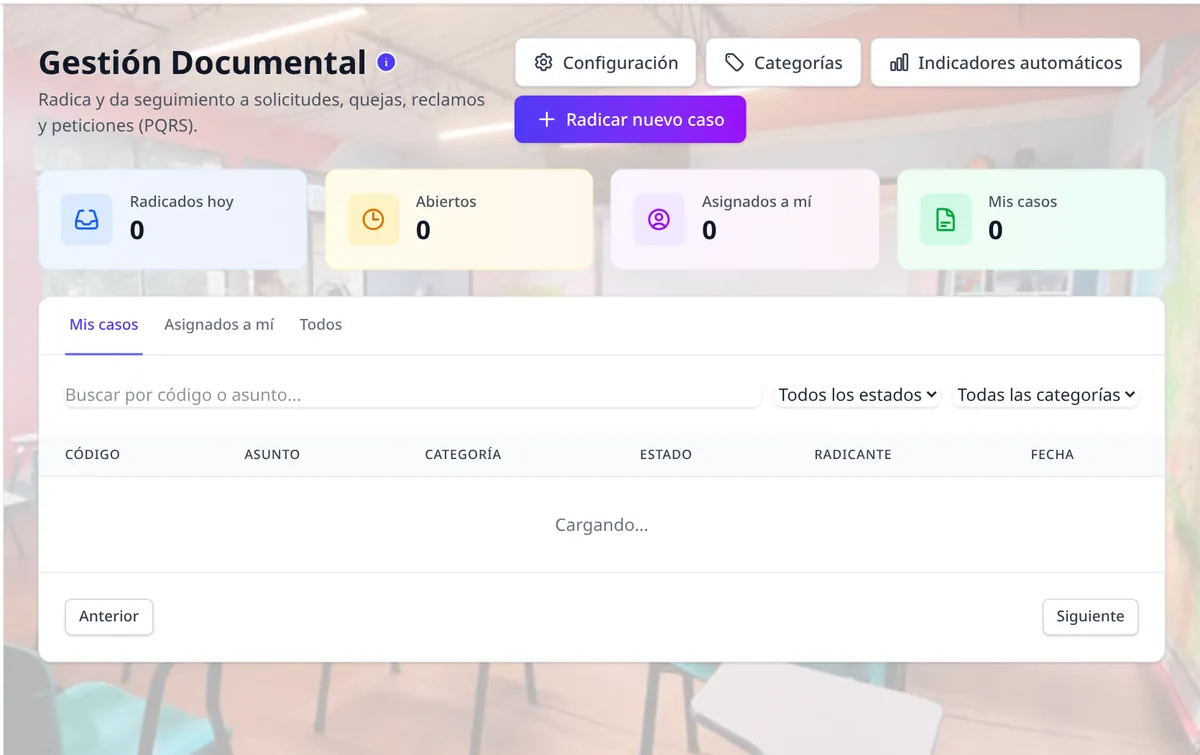 Pantalla de AKROS: Gestión documental y apertura de procesos