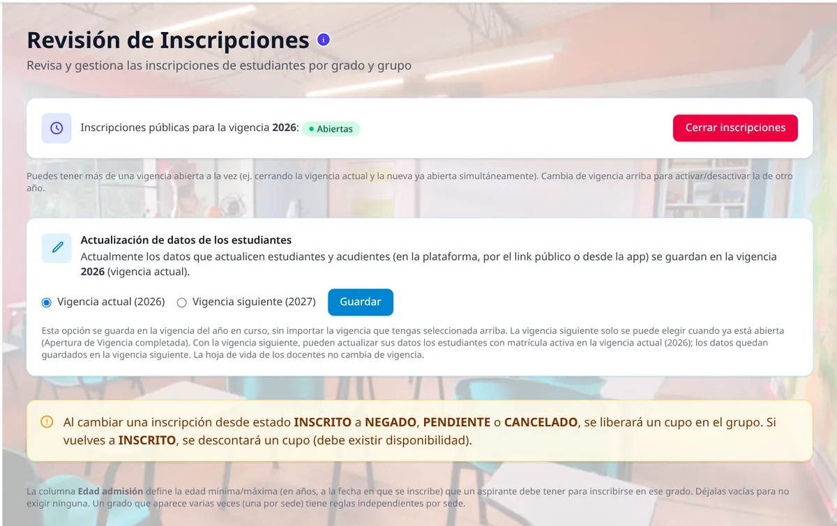 Pantalla de AKROS: Inscripciones totalmente configurables