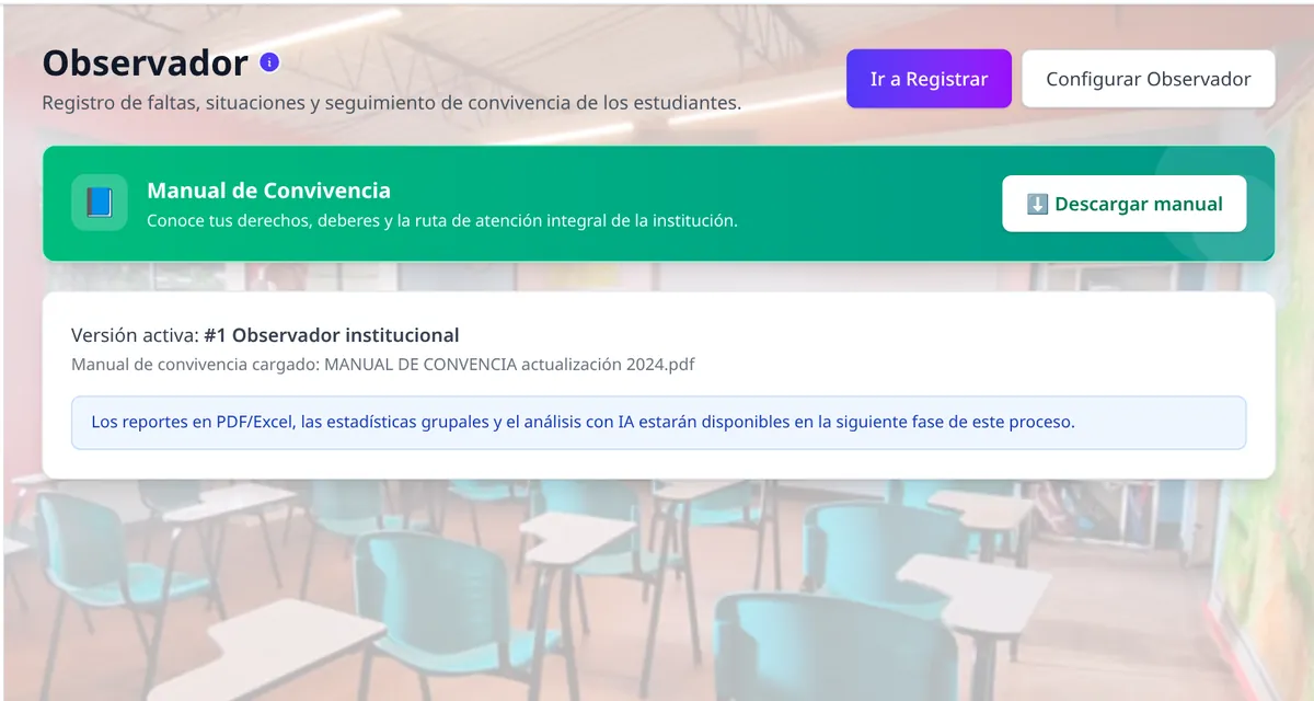 Pantalla de AKROS: Observador del estudiante con debido proceso