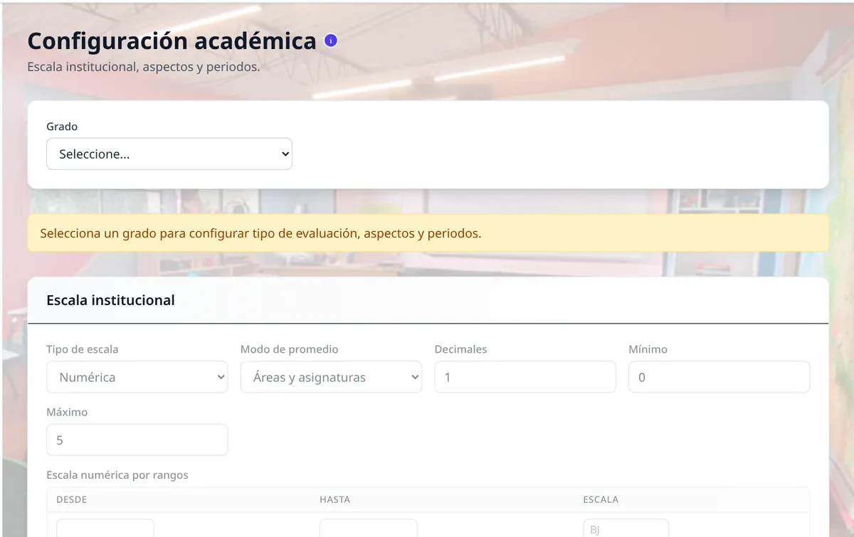 Pantalla de AKROS: Sistema de evaluación (SIE) a la medida de cada grado