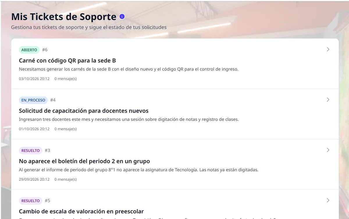 Pantalla de AKROS: Tickets de soporte