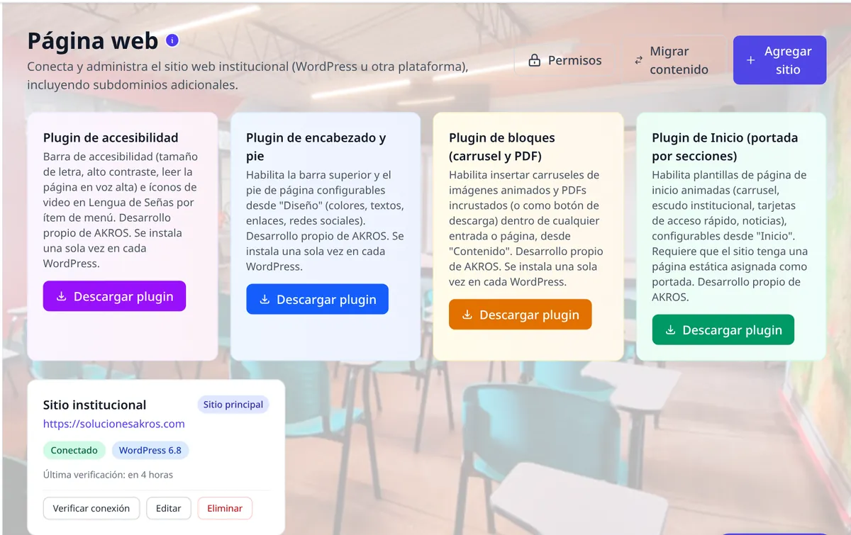 Pantalla de AKROS: Página web institucional integrada